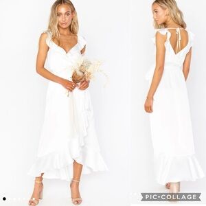 Show Me Your Mumu Samantha Ruffle Wrap Satin Midi Wedding Dress Luxe Ivory Satin
